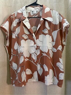 Rachel Zoe Rust and Cream Floral Camp-Collar Button Blouse